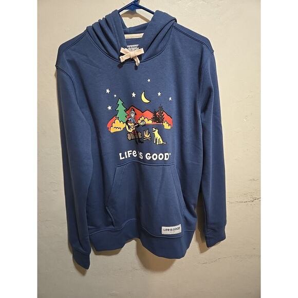 Life Is Good Fleece Hoodie Mens Sweatshirt Small Campfire Jake Guitar Blue NWT - Picture 1 of 7